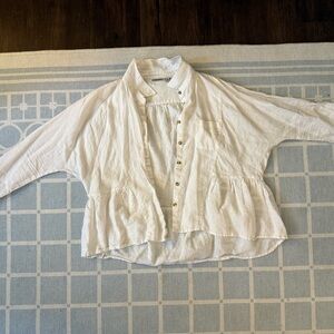 Anthropologie White Button-Up Peplum Linen Top